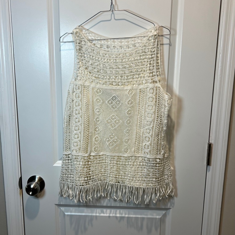 Lauren Ralph Lauren Womens Tank Top Crochet Fringe Off White Size PL